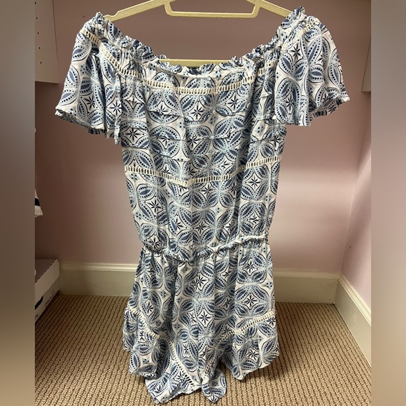 Bohome Blue Patterned Off The Shoulder Romper - Picture 3 of 4